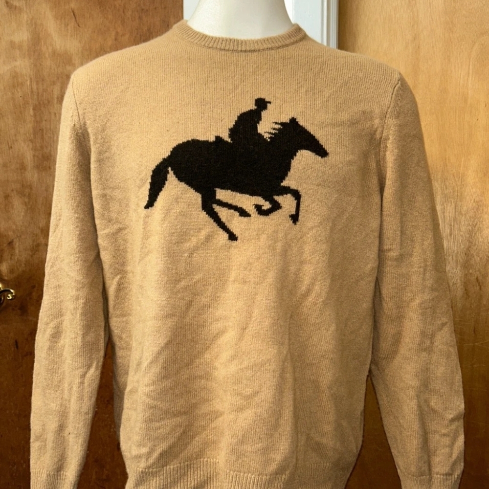 Brooks Brothers Tan Crewneck Sweater with Black Horse Design